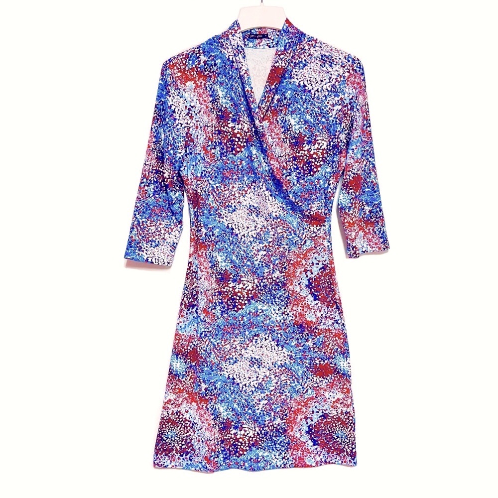 J.McLaughlin Faux Wrap Panama Artsy Print Midi Dress Medium Soft Catalina Cloth